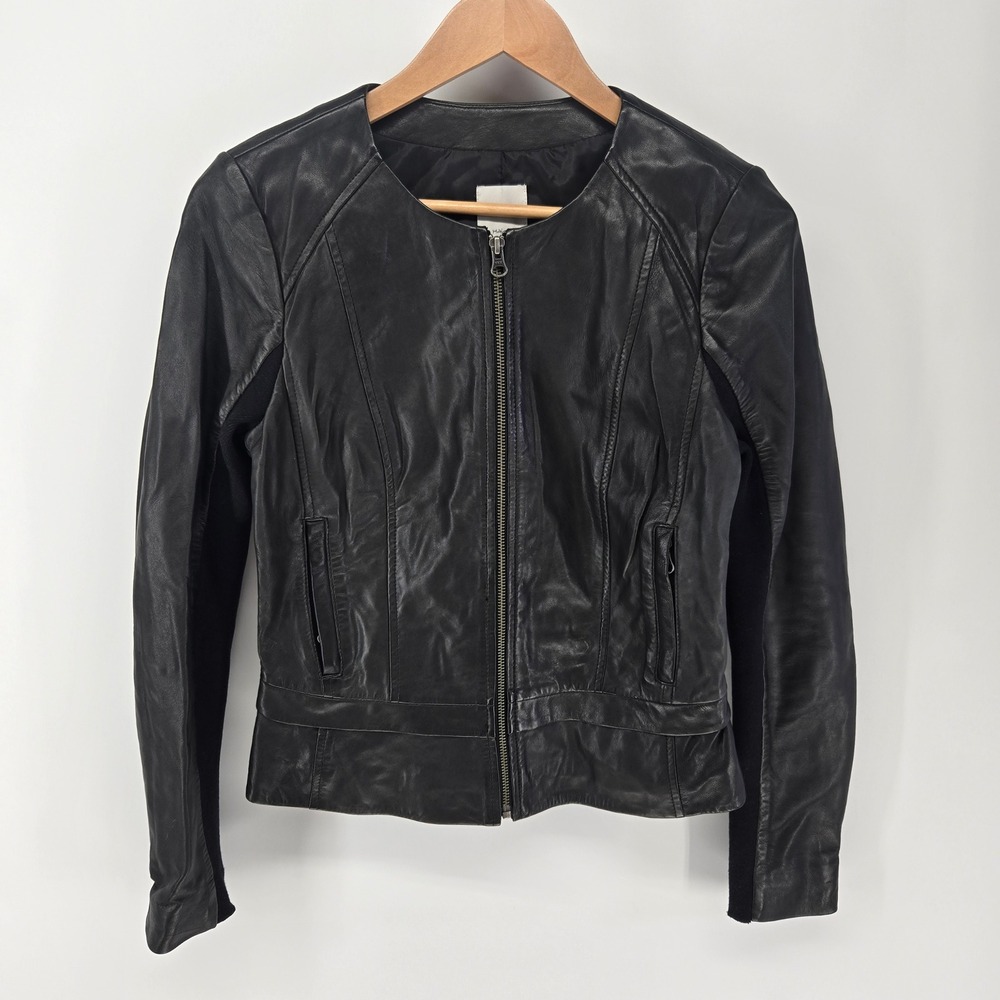 Halogen Leather Jacket Women S Black Ribbed Knit Panel Zip Up Collarless Moto